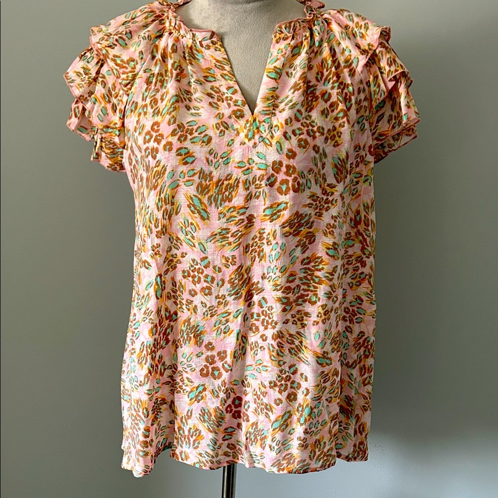 Nanette Lepore Spring Print Blouse with Ruffled Sleeves M